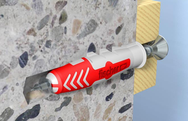 Fischer DUOPOWER dübel installed in concrete with a screw for secure fastening.