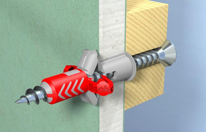 Illustration of fischer DUOPOWER plug and screw installation in wall panel, demonstrating dual-material design and secure fit.