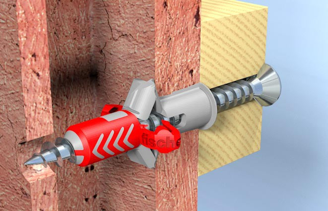 Graphic of fischer DUOPOWER dowel and screw, illustrating its installation in wood, showing effective gripping and support features.