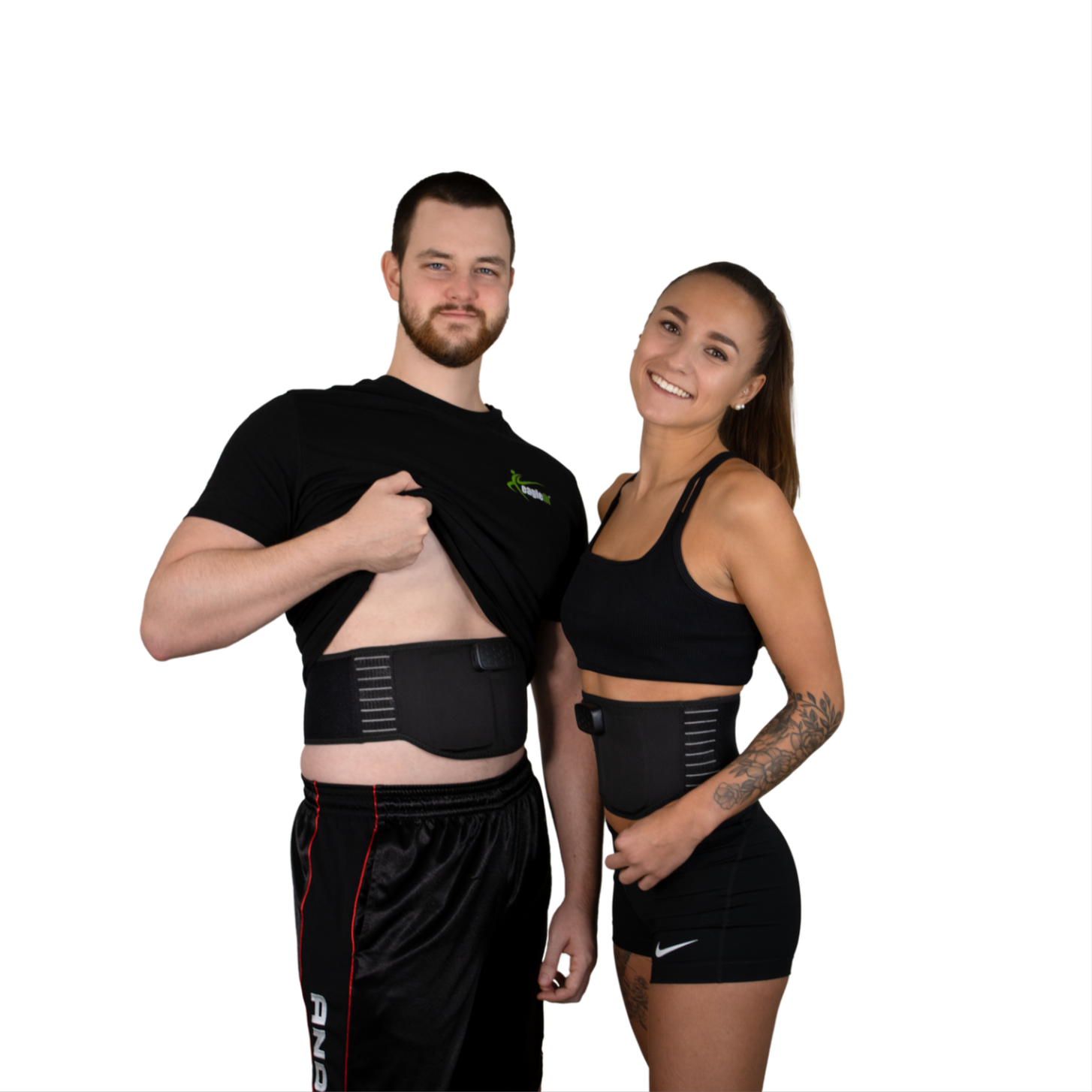 Two people demonstrating the Eaglefit EMS Belt for effective abdominal and back training.