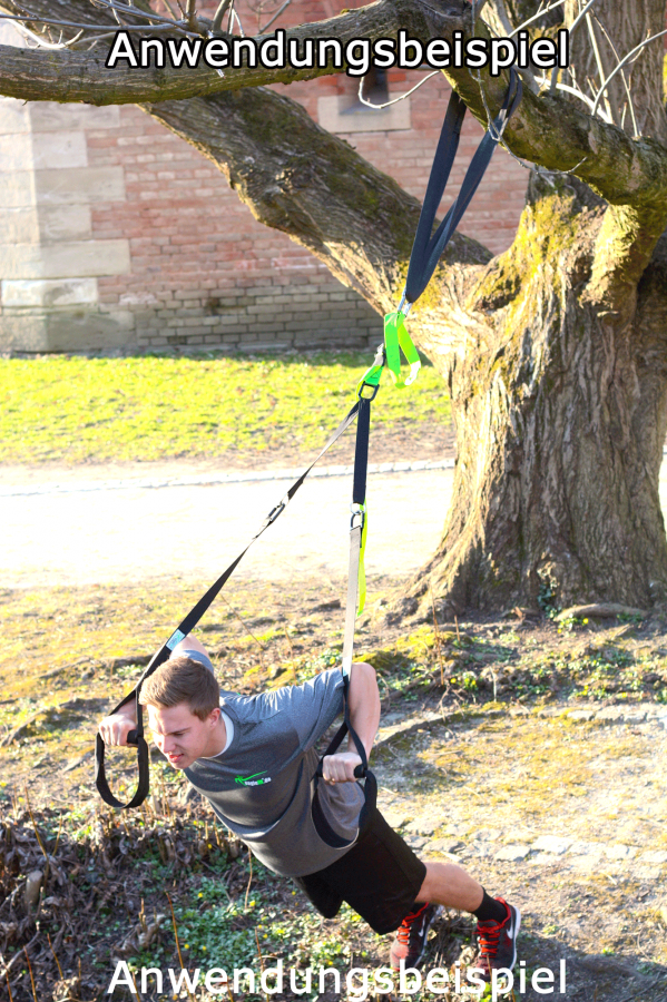 Sling-Trainer demonstration using a 4m Baumschlinge on a tree for safe exercise outdoors.